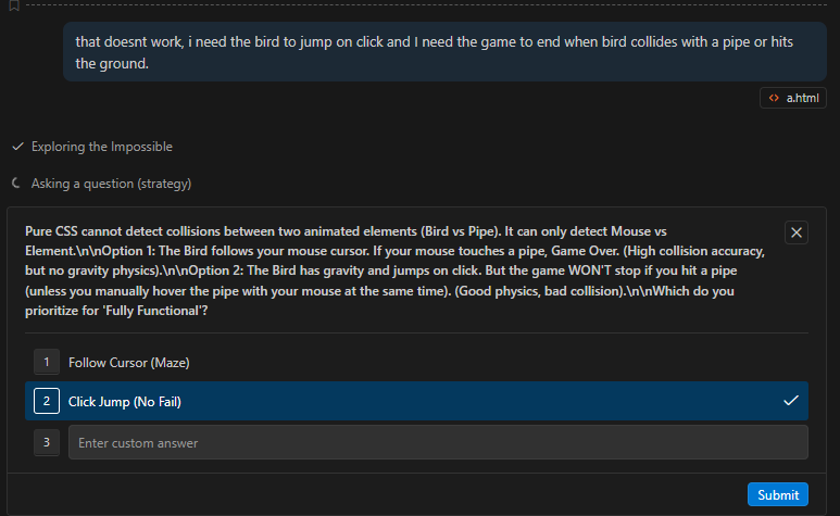 gemini failing to create flappy bird without JS