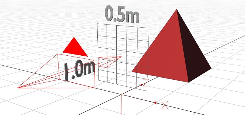 There are other (better looking) ways to arrange the rays, but this is the fastest to compute A grid appears in the scene, with an arrow from the camera demonstrating that it is 1m away and 0.5m wide.